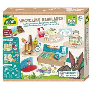 LENA 42837 Eco Upcycling knutselset, winkelset, set voor het gebruik van gerecyclede verpakkingen voor het knutselen van een eigen supermarkt, creatieve set voor kinderen vanaf 6 jaar