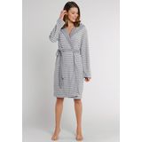 Schiesser - Damesbadjas - Lichtgrijs-Wit Gestreept - Met Capuchon en Riem - Badstof