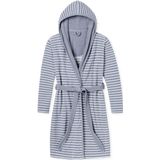 Schiesser - Damesbadjas - Lichtgrijs-Wit Gestreept - Met Capuchon en Riem - Badstof