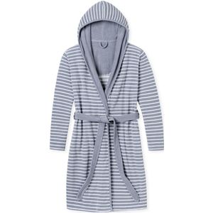 Schiesser - Damesbadjas - Lichtgrijs-Wit Gestreept - Met Capuchon en Riem - Badstof