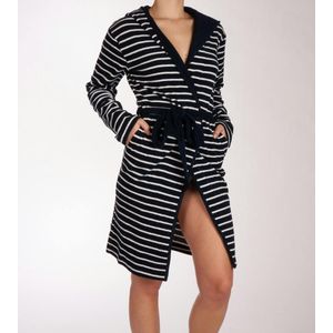 Schiesser - Damesbadjas - Nachtblauw-wit Gestreept - Met Capuchon en Riem - Lichte Badstofkwaliteit