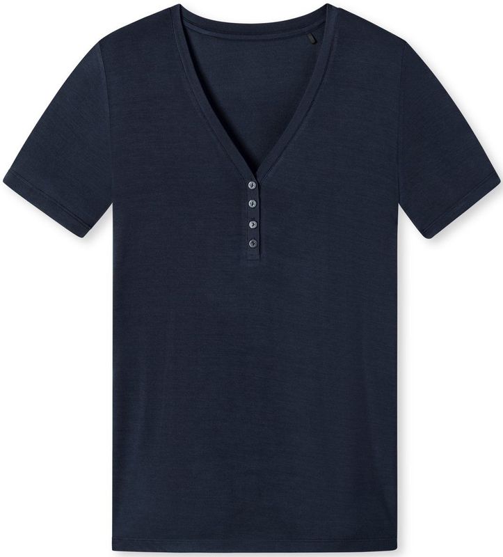 SCHIESSER Mix+Relax T-shirt - dames shirt korte mouw henley knoopsluiting blauw