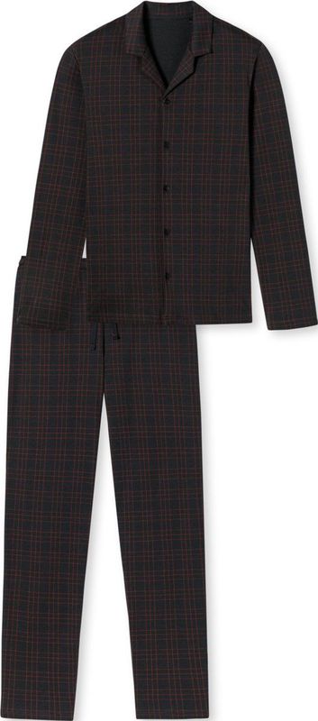 SCHIESSER Fine Interlock pyjamaset, heren pyjama lang interlock knoopsluiting geruit antraciet