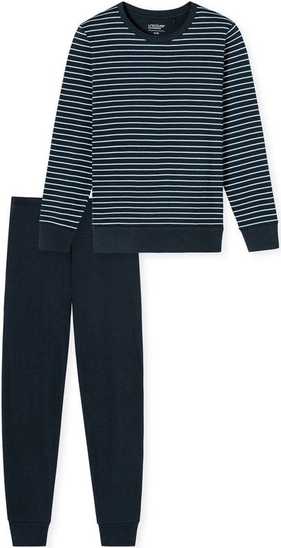 UNCOVER by SCHIESSER - Lange Pyjama - Donkerblauw - Katoen - Gestreepte Bovenkant