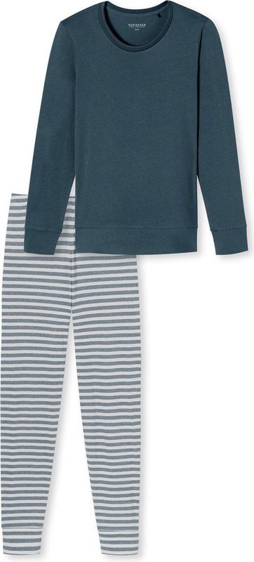 Schiesser Dames Schlafanzug Lang mit Bündchen Baumwolle-nachtkleding pyjamaset, Jeansblau_181966, 48, Jeansblau_181966, 74
