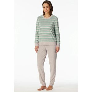 Schiesser dames pyjama badstof - Streep - Warme winter pyjama lange mouwen - Ronde hals - Met boordjes - 48 - Groen