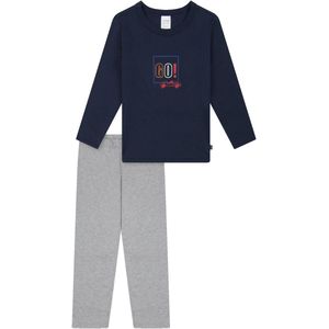 SCHIESSER - Nachtkledij - Donkerblauw Lichtgrijs Rood - 2-delig - Lang Maxi