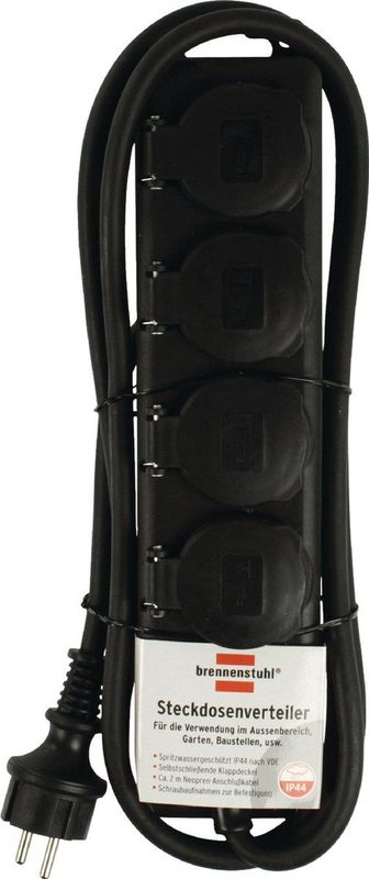 Brennenstuhl - IP44 Stekkerdoos - Zwart - Rubber-Neopreen - 4 Contacten - 2 Meter