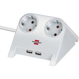 Brennenstuhl Desktop-Power, Stekkerdoos 2-voudig voor de tafel (tafelcontactdoos met 1,8 m kabel, rubberen pootjes en 2-voudige USB lader) wit gepolijst