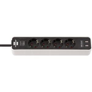 Brennenstuhl Ecolor Stekkerdoos, 4-Voudig met USB-Laadbus, Schakelaar en 1,5 m Kabel, Wit/Zwart