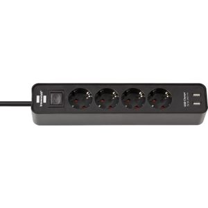 Stekkerdoos Met Schakelaar - 4 Aansluitingen + 2 USB-poorten - Zwart