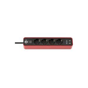 Brennenstuhl Ecolor Stekkerdoos 4-voudig met USB-Aansluiting (stekkerblok met 2x USB-lader, schakelaar en 1,5m kabel) rood/zwart