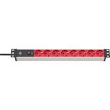 Alu-Line 19"" contactdoosstrook voor schakelkasten met 10A stroomonderbreker en IEC C14 8-voudig zilver/rood 2m H05VV-F 3G1,0