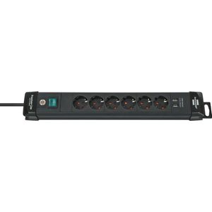 Brennenstuhl Premium-Line stekkerdoos 6-voudig (Stekkerblok met 3m kabel en schakelaar, met ophangvoorziening, 2-voudig USB 3.1 A, monteerbaar, Made in Germany) zwart