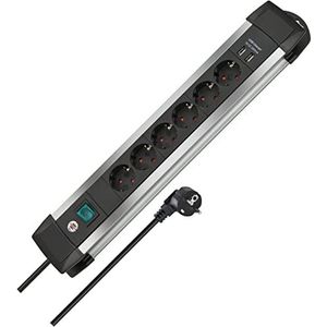 Brennenstuhl Premium-Alu-Line Stekkerdoos 6-voudig (Stekkerdoos met 3 m kabel en schakelaar, met ophangvoorziening, 2-voudig USB 3.1 A, Made in Germany) zwart/zilver