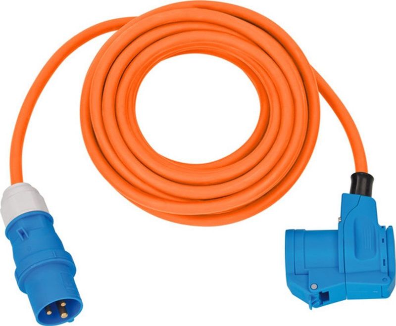 Camping Stroom Kabel - CEE 3-pins (m) - CEE 3-pins (v) + Schuko CEE 7/3 (v) - 3x 2,50mm - Oranje - 10 Meter