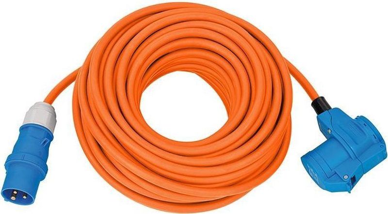 Camping - Stroom Kabel - CEE 3-pins (m) - CEE 3-pins (v) + Schuko CEE 7/3 (v) - 25 Meter - Oranje