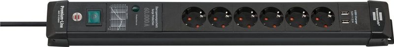 Brennenstuhl - Premium-Line Stekkerdoos - Zwart - 6 Contacten - 2x USB - 3 Meter