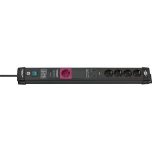 Premium-Line 60.000A overspanningsbeveiliging automatische contactdoosstrook 5-voudig 1 hoofdcontactdoos 4-voudige vervolgcontactdozen zwart 3m H05VV-F 3G1,5