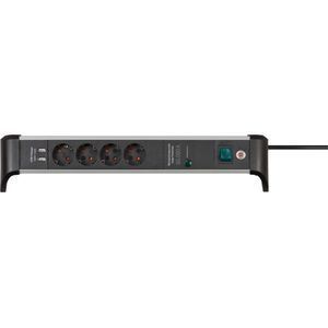 Brennenstuhl Alu-Office-Line stekkerdoos met 4 contacten, 2x USB en overspanningsbeveiliging / zwart - 1,8 meter