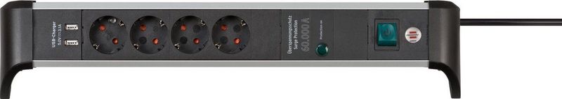 Brennenstuhl - Alu-Office-Line - Stekkerdoos - Zwart - 1,8 Meter - 4 Contacten, 2x USB, Overspanningsbeveiliging
