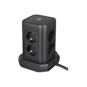 Brennenstuhl stekkerdoos tower 8-voudig met USB (sekkerblok 8-voudig met 4x USB, contactdozen in 45° opstelling, 2m kabel) zwart