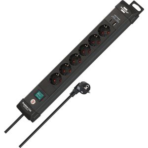 Brennenstuhl Premium-Line stekkerdoos 6-voudig met USB C PD 30W en USB A 18W (Made in Germany, stekkerblok met schakelaar en 3m kabel, voor wandmontage met ophanginrichting)