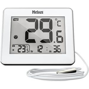 MEBUS digitale Thermometer met kabelgebundelde buitensensor misst temperatuur binnen en buiten, uurtijd, min-/max-werk, behuizing van metaal, kleur: wit, model: 01074