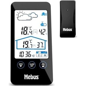MEBUS Wetterstation mit Außensensor, zeigt Temperatur und Luftfeuchtigkeit innen und außen, mit Wettervorhersage und Mondphasen, Displaybeleuchtung, Wecker/Farbe: Schwarz/Modell: 11908, Höhe: 16 cm