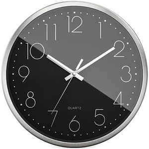 Mebus Kwartswandklok, stil uurwerk zonder tikkgeluid, aluminium frame, Arabische wijzerplaat, 3D-cijfers, aluminium wijzers, zwart zilver, 30 cm