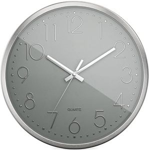 Mebus Kwartswandklok, stil uurwerk zonder tick-tack, nauwkeurig kwartsuurwerk, aluminium frame, Arabische cijfers in 3D, aluminium wijzers, behuizing: zilver, wijzerplaat: grijs, 30 cm
