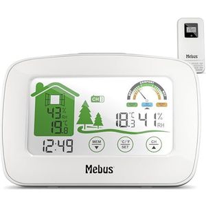 MEBUS funkgesteuerte Wetterstation mit Außensensor, Thermometer/Hygrometer (innen/außen), Wohlfühlindikator bewertet Raumklima, Min-/Max-Funktion, Beleuchtung, Wecker, Farbe: Weiß, Modell: 40903