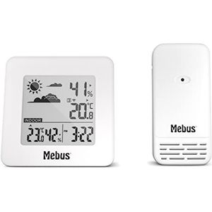 MEBUS Funkgesteuerte Wetterstation mit Außensensor, Thermometer/Hygrometer (innen/außen), Wohlfühlindikator bewertet Raumklima, Min/Max, Displaybeleuchtung, Wecker, Farbe: Weiß, Modell: 40913
