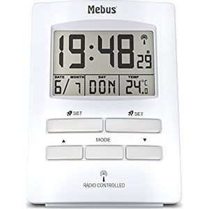 MEBUS digitaler Funk-Wecker mit Temperaturanzeige, zwei Weckzeiten und Kalender, Funkuhr/Material: Kunststoff/Farbe: Weiß/Modell: 51501