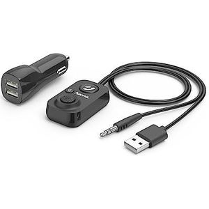 Hama Bluetooth handsfree set voor in de auto met AUX-ingang (met 2-weg USB-oplader, draadloze oproepen en luisteren naar muziek via autoluidspreker, 3,5 mm jack-adapter, audio