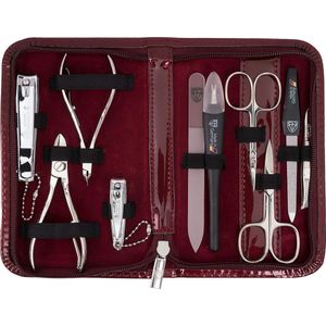 DREI SCHWERTER - Germany 10-delige manicureset 'Spezia' | Nagelverzorgingsset in kunstleer wijnrood | Inhoud: nagelschaar, huidschaar, nageltang, pincet, glazen nagelvijl en nog veel meer