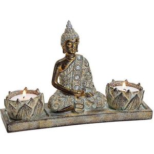 Buddha beeld met lotusbloem theelichthouder - Twee Waxinelichtjeshouders