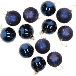 G. Wurm Kerstballen - 12x st - blauw - D6 cm - glas - gedecoreerd