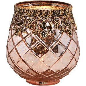 Glazen design windlicht/kaarsenhouder in de kleur rose goud met formaat 13 x 14 x 13 cm - Voor waxinelichtjes