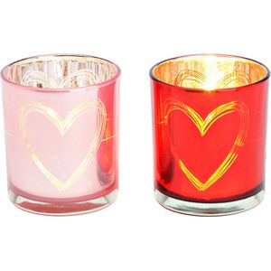 Theelichthouders Hart - Waxinelichtjes houder - Lantaarn hart decor van glas roze & rood - smal 7x8x7cm - 2 stuks