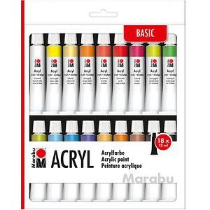 Marabu 121000000202 Acrylverfset met 18 kleuren à 12 ml acrylverf, ondoorzichtig, mat, glanzend op waterbasis, voor chassis, schilderkarton, papier en hout, sneldrogend