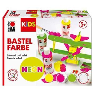 Marabu 0304000000002 - KiDS knutselverf NEON, set van 4, 3 x fluorescerende daglichtkleuren en 1 x knutselverf wit als primer, verlicht onder UV-licht, uitwasbaar vanaf 30 °C, vrij van parabenen,