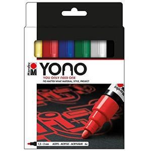 Marabu YONO 124000004002 Markerset met 6 kleuren, veelzijdige acrylstiften met Japanse ronde punt, 1,5 - 3 mm, waterbasis, lichtecht en waterdicht, voor bijna alle ondergronden