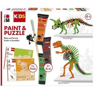 Marabu 0305000000110 - KiDS Little Artist Set Dinos, schilder- en puzzeldoos met 2 dierfiguren, 3 x 36 ml verf, veganistisch, voor kinderen vanaf 4 jaar