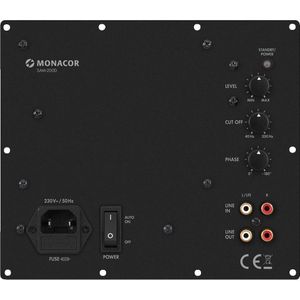 MONACOR SAM-200D Subwoofer Actieve Module 200W, Variabele Low Pass, Traploos Variabele Faseshifter, Geïntegreerde Basverhoging, Hoge Vermogensreserves, Zwart