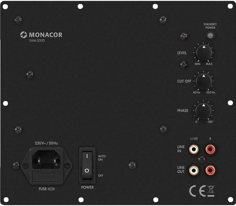 MONACOR SAM-200D Subwoofer Actieve Module 200W, Variabele Low Pass, Traploos Variabele Faseshifter, Geïntegreerde Basverhoging, Hoge Vermogensreserves, Zwart