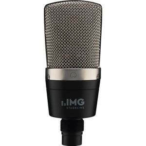 IMG Stageline ECMS-60 grootmembraan condensatormicrofoon voor professioneel gebruik in de studio, inclusief microfoonhouder, adapterschroeven, leren tas, zwart/zilver