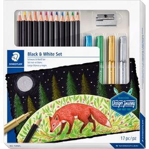 STAEDTLER Design Journey Zwart-wit Set van zachte kleurpotloden, metallic markers en puntenslijper