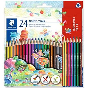 STAEDTLER Noris Colour kleurpotlood (verhoogde breukvastheid, driehoekige vorm, aantrekkelijk design, ergonomisch zacht oppervlak, WOPEX-materiaal, bonusset met 24 briljante pennen in kartonnen doos),