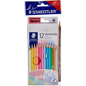 STAEDTLER Kleurpotlood 146, klassiek zeskantformaat, zachte vulling, hoog gepigmenteerde kleuren, 12 pastelkleuren in kartonnen etui, bonuspack met potlood en gum, 146 SET PA 146 SET PA